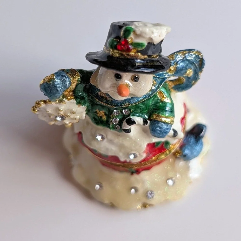 Snowman Trinket Box Enamel Crystal Hinged Collectible Christmas Holiday Decor